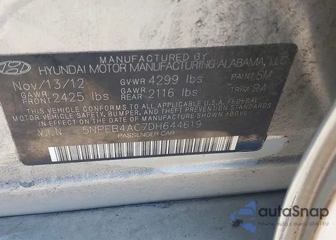 2013 Hyundai Sonata Gls from USA, damaged, VIN 5NPEB4AC7DH644619